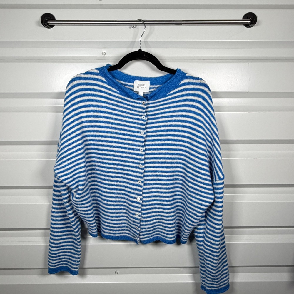 Things Between Cardigan Sweater Womens Small Blue White Striped Button Front